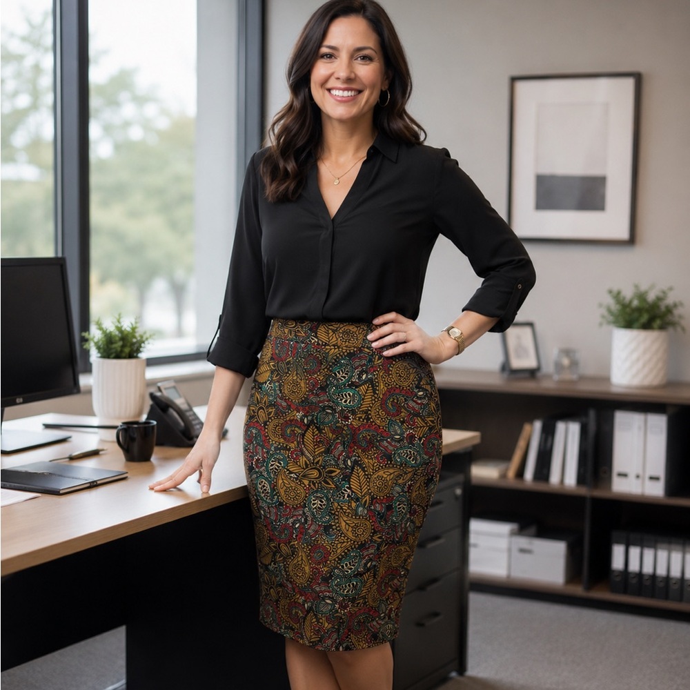 LuLaRoe Paisley Pencil Skirt in Olive, Teal, and Red